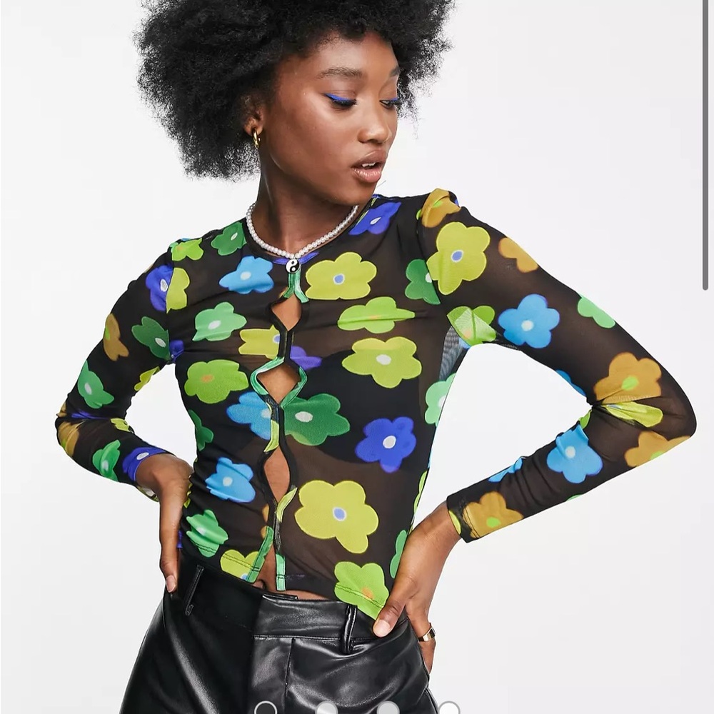 Topshop floral print mesh long sleeve top in multi